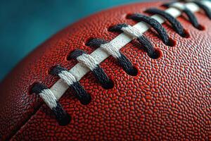 Close-Up of American Football with Detailed Texture and Laces on a Teal Background photo