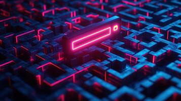 Futuristic Neon Maze with Glowing Pink and Blue Lights in a Dark Sci-Fi Environment photo