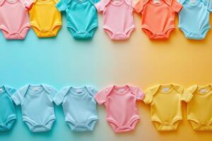 Colorful Baby Onesies Arranged in Rows on Gradient Background - Pastel and Bright Clothing for Infants photo