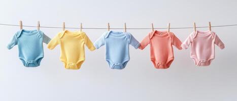 Colorful Baby Onesies Hanging on a Clothesline Against a White Background photo