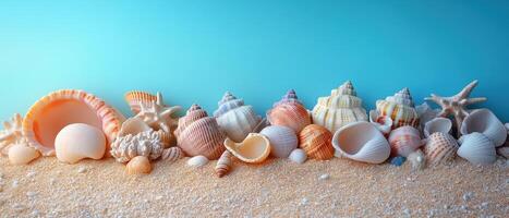 Beautiful Collection of Seashells on Sandy Beach with Clear Blue Sky Background photo