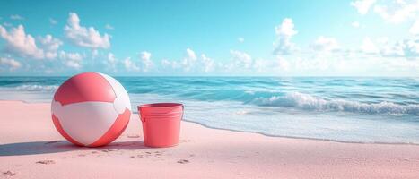 Vibrant Beach Scene with Colorful Beach Ball and Bucket on Sandy Shoreline under Clear Blue Sky photo