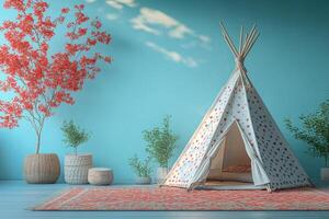 Cozy Indoor Teepee Tent with Colorful Patterns in a Modern Living Room with Vibrant Decor and Potted Plants photo