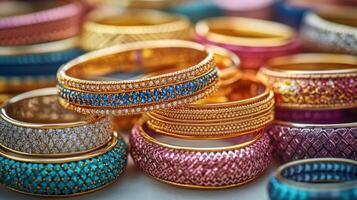 Vibrant Collection of Colorful and Intricately Designed Bangles in Various Patterns and Textures photo