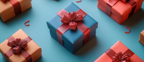 Colorful Gift Boxes with Red Ribbons on Blue Background - Festive and Celebratory Theme photo