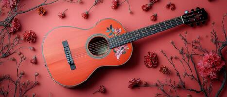 Vibrant Red Acoustic Guitar with Floral Design Surrounded by Red Flowers on a Matching Red Background photo