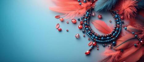 Vibrant Jewelry and Feathers on Blue Background with Red and Blue Beads and Gems photo