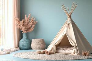 Cozy Children's Playroom with Teepee Tent and Natural Decor in Soft Pastel Colors photo