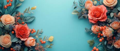 Elegant Floral Arrangement with Roses and Berries on a Turquoise Background, Perfect for Invitations and Decorative Designs photo