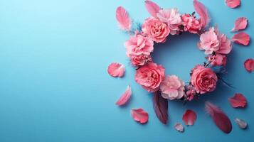 Beautiful Pink Floral Wreath with Feathers and Petals on a Light Blue Background photo