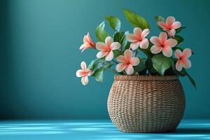 Beautiful Pink Flowers in a Woven Basket Against a Teal Background photo