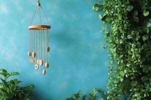 Modern Wooden Wind Chime Hanging Against a Vibrant Blue Wall with Lush Green Plants in the Background photo