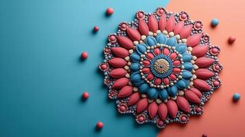 Colorful Mandala Art with Intricate Patterns on a Dual-Tone Background photo