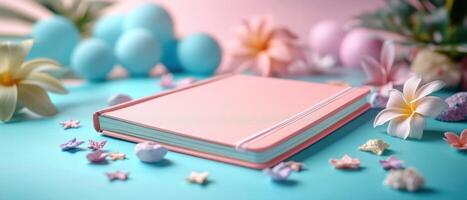 Pastel-Colored Notebook Surrounded by Flowers and Decorative Elements on a Blue Background photo