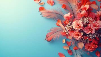 Vibrant Floral Arrangement with Red and Pink Flowers and Feathers on a Light Blue Background photo