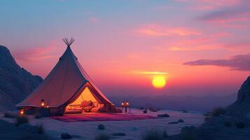 Cozy Glamping Tent at Sunset in Desert Landscape with Vibrant Sky and Soft Lighting photo