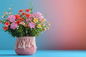 Vibrant Bouquet of Colorful Flowers in a Pink Woven Basket Against a Gradient Background photo