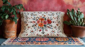 Colorful Embroidered Cushion on Vibrant Rug with Potted Plants Against Red Wall photo