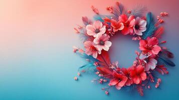 Vibrant Floral Wreath on Gradient Background with Pink and Blue Hues, Perfect for Spring and Summer Themes photo