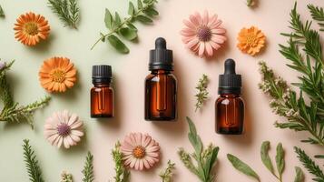 Essential Oil Bottles with Fresh Herbs and Flowers on Pastel Background - Aromatherapy and Natural Wellness Concept photo