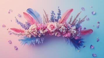 Vibrant Floral Arrangement with Pink and Blue Feathers on Gradient Background photo