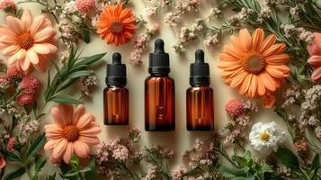 Aromatherapy Essential Oil Bottles Surrounded by Fresh Flowers and Greenery on a Light Background photo