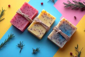 Colorful Handmade Soap Bars with Natural Ingredients on Vibrant Background photo
