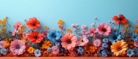 Vibrant Array of Colorful Flowers Against a Light Blue Background in a Beautiful Floral Arrangement photo