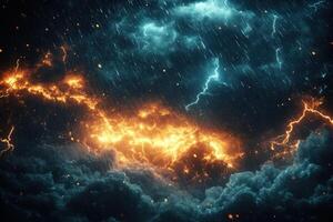 Dramatic Thunderstorm with Lightning Strikes and Fiery Clouds in a Dark Sky photo
