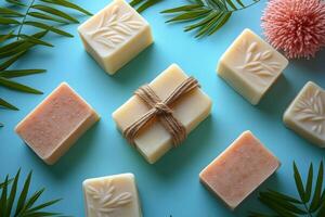 Natural Handmade Soap Bars with Leaf Imprints on Blue Background Surrounded by Greenery and Pink Sponge photo