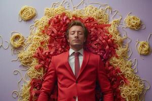 Businessman in Red Suit Lying on Colorful Noodles Background - Creative Conceptual Photography photo