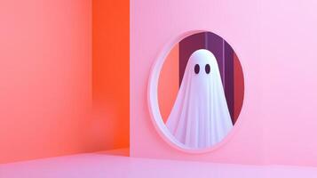Minimalist Ghost in Mirror with Pastel Pink and Orange Background - Modern Halloween Concept photo