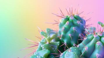 Close-Up of Green Cactus with Water Droplets and Colorful Gradient Background photo