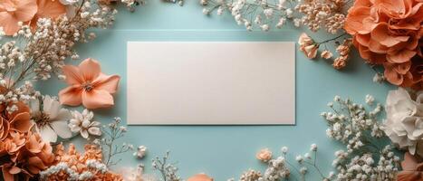 Elegant Blank Card Surrounded by Delicate Flowers on a Light Blue Background photo