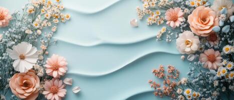 Elegant Floral Background with Pastel Flowers and Delicate Petals on Light Blue Textured Surface photo