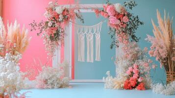 Elegant Floral Arch with Macrame Decor in Pastel Pink and Blue Setting for Weddings or Events photo