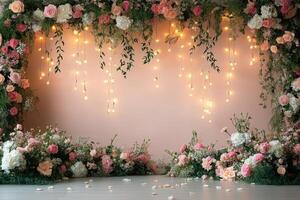 Elegant Floral Backdrop with Hanging Lights for Weddings, Events, and Celebrations photo