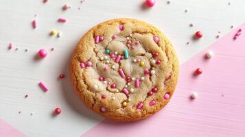 Delicious Sugar Cookie with Colorful Sprinkles on a Pink and White Background photo