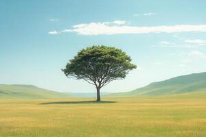 Solitary Tree in a Vast Green Field Under a Clear Blue Sky with Rolling Hills in the Background photo