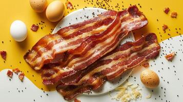 Crispy Bacon Strips with Eggs and Cheese on a Yellow and White Background photo