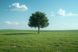 Solitary Tree in a Vast Green Field Under a Clear Blue Sky with Scattered White Clouds photo