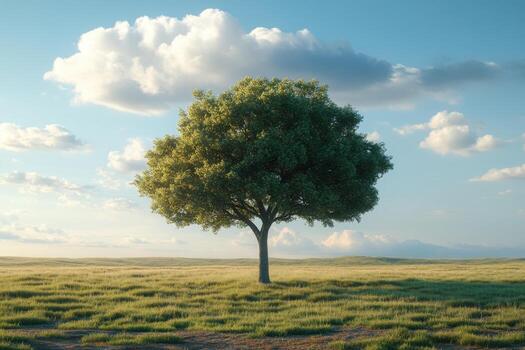 Solitary Tree in a Vast Open Field Under a Blue Sky with Fluffy Clouds photo