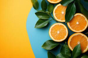Fresh Orange Slices with Green Leaves on Vibrant Yellow and Blue Background photo
