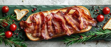 Crispy Bacon Strips on Toast with Fresh Herbs and Cherry Tomatoes on Rustic Wooden Board photo