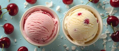 Delicious Cherry Ice Cream Scoops in Bowls with Fresh Cherries on a Light Blue Background photo