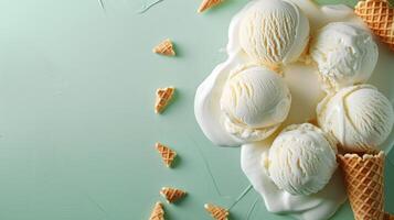 Delicious Vanilla Ice Cream Scoops with Waffle Cones on Light Green Background photo