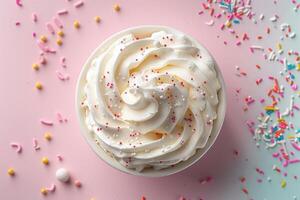 Delicious Whipped Cream Dessert with Colorful Sprinkles on Pastel Background photo