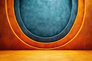 Abstract Modern Art with Vibrant Orange and Blue Circular Patterns on Textured Wall photo