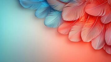 Vibrant Red and Blue Feathers on Gradient Background - Abstract Colorful Feather Pattern photo