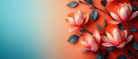 Beautiful Pink and Orange Flowers on Branches with Gradient Background in Blue and Orange Tones photo
